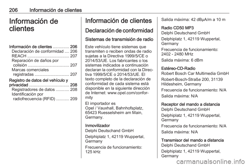 OPEL COMBO D 2018 Manual de Instrucciones (in Spanish) 206Información de clientesInformación de
clientesInformación de clientes ..............206
Declaración de conformidad ....206
REACH .................................... 207
Reparación de daños p OPEL COMBO D 2018 Manual de Instrucciones (in Spanish) 206Información de clientesInformación de
clientesInformación de clientes ..............206
Declaración de conformidad ....206
REACH .................................... 207
Reparación de daños p