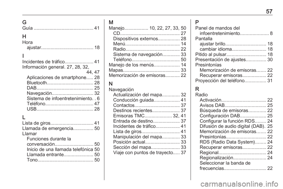 OPEL COMBO E 2019 Manual de infoentretenimiento (in Spanish) 57GGuía ............................................. 41
H Hora ajustar ....................................... 18
I
Incidentes de tráfico .....................41
Información general. 27, 28, 32, OPEL COMBO E 2019 Manual de infoentretenimiento (in Spanish) 57GGuía ............................................. 41
H Hora ajustar ....................................... 18
I
Incidentes de tráfico .....................41
Información general. 27, 28, 32,