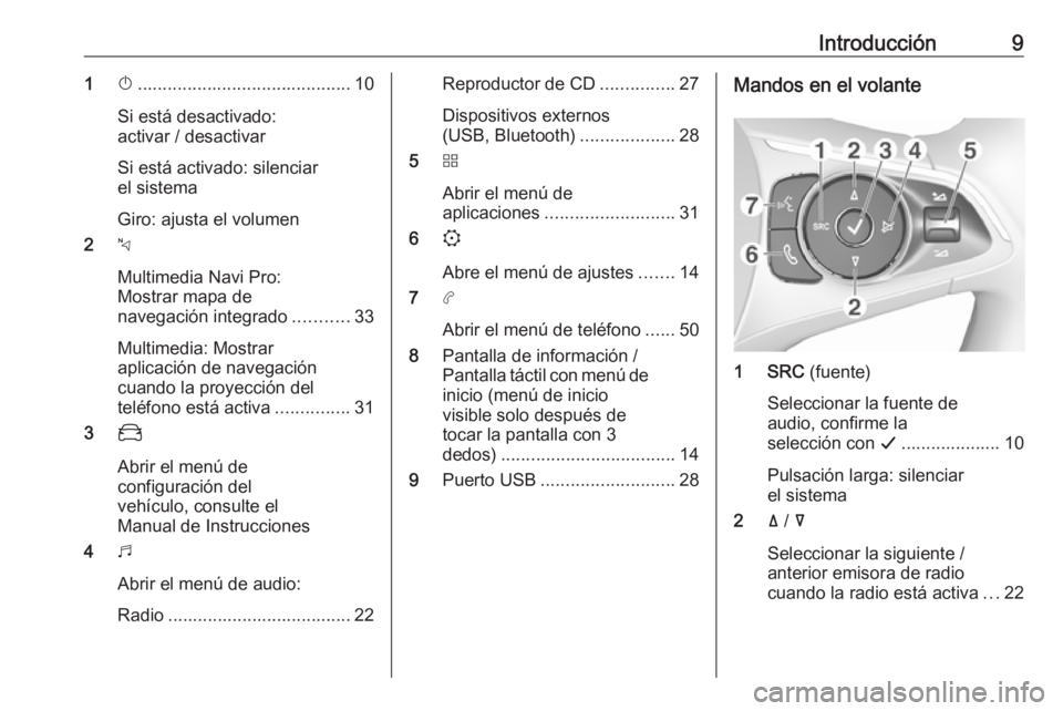 OPEL COMBO E 2019  Manual de infoentretenimiento (in Spanish) Introducción91X........................................... 10
Si está desactivado:
activar / desactivar
Si está activado: silenciar
el sistema
Giro: ajusta el volumen
2 c
Multimedia Navi Pro:
Mostr