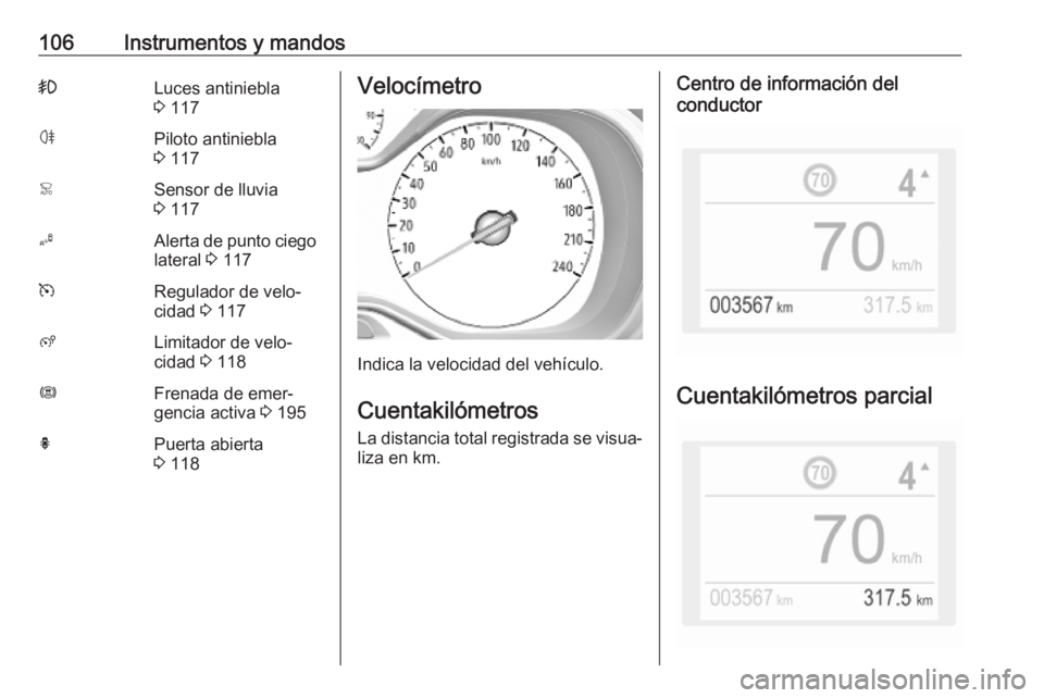 OPEL COMBO E 2019 Manual de Instrucciones (in Spanish) 106Instrumentos y mandos>Luces antiniebla
3 117øPiloto antiniebla
3 117<Sensor de lluvia
3 117BAlerta de punto ciego
lateral 3 117mRegulador de velo‐
cidad 3 117ßLimitador de velo‐
cidad 3 OPEL COMBO E 2019 Manual de Instrucciones (in Spanish) 106Instrumentos y mandos>Luces antiniebla
3 117øPiloto antiniebla
3 117<Sensor de lluvia
3 117BAlerta de punto ciego
lateral 3 117mRegulador de velo‐
cidad 3 117ßLimitador de velo‐
cidad 3