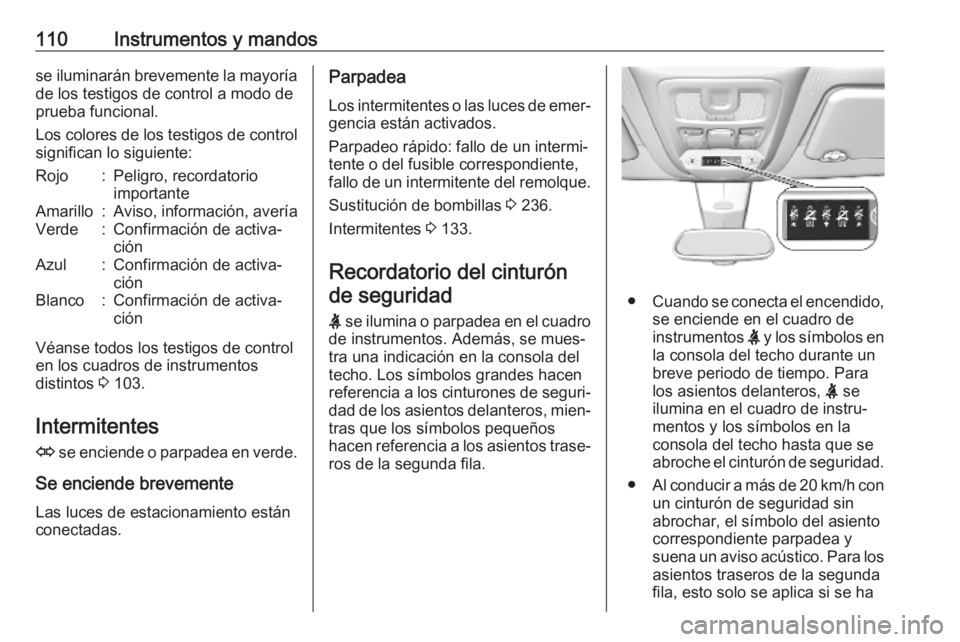OPEL COMBO E 2019 Manual de Instrucciones (in Spanish) 110Instrumentos y mandosse iluminarán brevemente la mayoríade los testigos de control a modo de
prueba funcional.
Los colores de los testigos de control
significan lo siguiente:Rojo:Peligro, recorda OPEL COMBO E 2019 Manual de Instrucciones (in Spanish) 110Instrumentos y mandosse iluminarán brevemente la mayoríade los testigos de control a modo de
prueba funcional.
Los colores de los testigos de control
significan lo siguiente:Rojo:Peligro, recorda