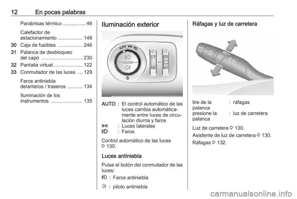 OPEL COMBO E 2019 Manual de Instrucciones (in Spanish) 12En pocas palabrasParabrisas térmico................46
Calefactor de
estacionamiento ..................148
30 Caja de fusibles .................246
31 Palanca de desbloqueo
del capó ............. OPEL COMBO E 2019 Manual de Instrucciones (in Spanish) 12En pocas palabrasParabrisas térmico................46
Calefactor de
estacionamiento ..................148
30 Caja de fusibles .................246
31 Palanca de desbloqueo
del capó .............
