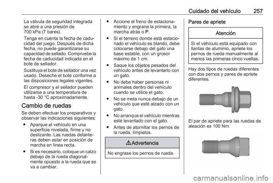 OPEL COMBO E 2019 Manual de Instrucciones (in Spanish) Cuidado del vehículo257La válvula de seguridad integrada
se abre a una presión de
700 kPa (7 bares).
Tenga en cuenta la fecha de cadu‐
cidad del juego. Después de dicha
fecha, no puede garantiza OPEL COMBO E 2019 Manual de Instrucciones (in Spanish) Cuidado del vehículo257La válvula de seguridad integrada
se abre a una presión de
700 kPa (7 bares).
Tenga en cuenta la fecha de cadu‐
cidad del juego. Después de dicha
fecha, no puede garantiza