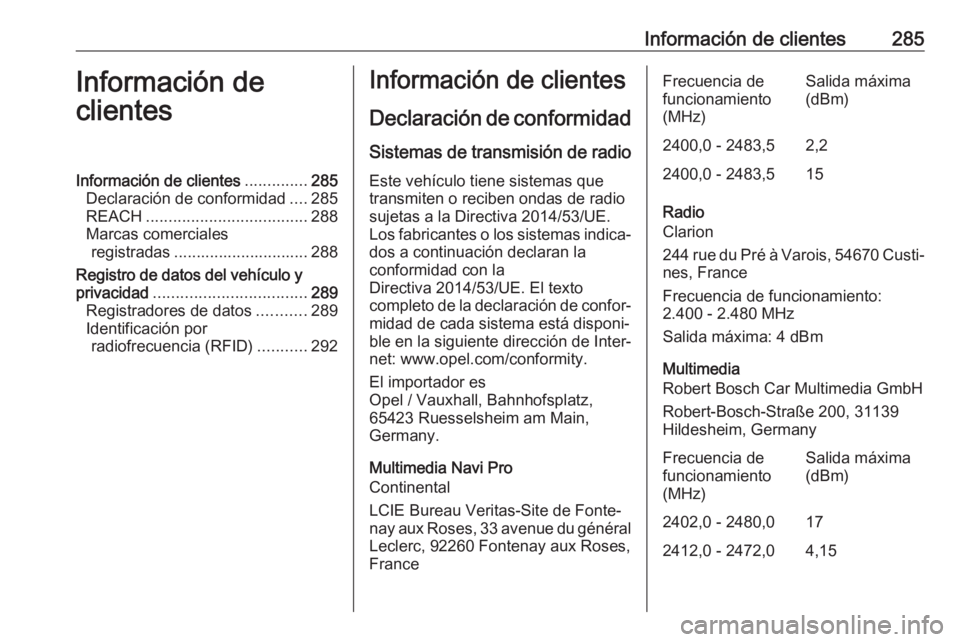 OPEL COMBO E 2019 Manual de Instrucciones (in Spanish) Información de clientes285Información de
clientesInformación de clientes ..............285
Declaración de conformidad ....285
REACH .................................... 288
Marcas comerciales regi OPEL COMBO E 2019 Manual de Instrucciones (in Spanish) Información de clientes285Información de
clientesInformación de clientes ..............285
Declaración de conformidad ....285
REACH .................................... 288
Marcas comerciales regi