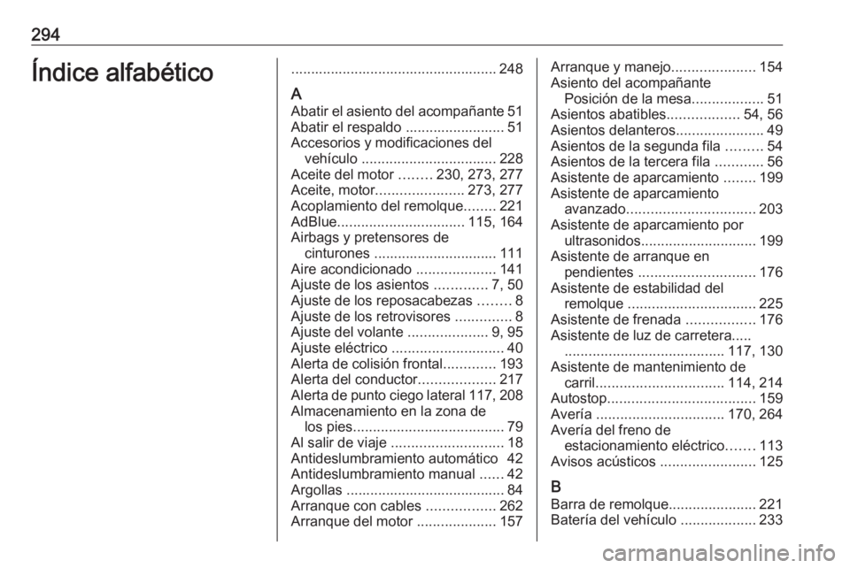 OPEL COMBO E 2019 Manual de Instrucciones (in Spanish) 294Índice alfabético.................................................... 248
A Abatir el asiento del acompañante 51
Abatir el respaldo ......................... 51 Accesorios y modificaciones del v OPEL COMBO E 2019 Manual de Instrucciones (in Spanish) 294Índice alfabético.................................................... 248
A Abatir el asiento del acompañante 51
Abatir el respaldo ......................... 51 Accesorios y modificaciones del v