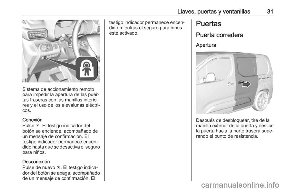 OPEL COMBO E 2019 Manual de Instrucciones (in Spanish) Llaves, puertas y ventanillas31
Sistema de accionamiento remoto
para impedir la apertura de las puer‐
tas traseras con las manillas interio‐
res y el uso de los elevalunas eléctri‐
cos.
Conexi OPEL COMBO E 2019 Manual de Instrucciones (in Spanish) Llaves, puertas y ventanillas31
Sistema de accionamiento remoto
para impedir la apertura de las puer‐
tas traseras con las manillas interio‐
res y el uso de los elevalunas eléctri‐
cos.
Conexi