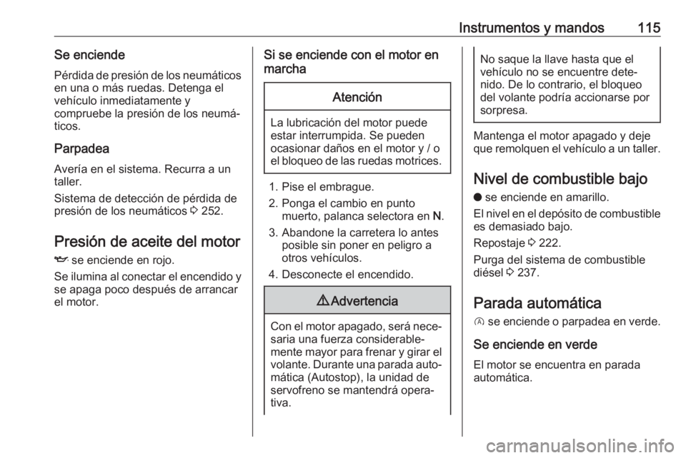 OPEL COMBO E 2019.1 Manual de Instrucciones (in Spanish) Instrumentos y mandos115Se enciendePérdida de presión de los neumáticos
en una o más ruedas. Detenga el
vehículo inmediatamente y
compruebe la presión de los neumá‐
ticos.
Parpadea
Avería en OPEL COMBO E 2019.1 Manual de Instrucciones (in Spanish) Instrumentos y mandos115Se enciendePérdida de presión de los neumáticos
en una o más ruedas. Detenga el
vehículo inmediatamente y
compruebe la presión de los neumá‐
ticos.
Parpadea
Avería en