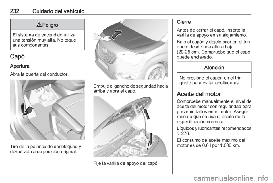OPEL COMBO E 2019.1 Manual de Instrucciones (in Spanish) 232Cuidado del vehículo9Peligro
El sistema de encendido utiliza
una tensión muy alta. No toque
sus componentes.
Capó
Apertura
Abra la puerta del conductor.
Tire de la palanca de desbloqueo y
devué OPEL COMBO E 2019.1 Manual de Instrucciones (in Spanish) 232Cuidado del vehículo9Peligro
El sistema de encendido utiliza
una tensión muy alta. No toque
sus componentes.
Capó
Apertura
Abra la puerta del conductor.
Tire de la palanca de desbloqueo y
devué