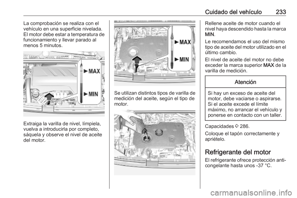 OPEL COMBO E 2019.1 Manual de Instrucciones (in Spanish) Cuidado del vehículo233La comprobación se realiza con el
vehículo en una superficie nivelada.
El motor debe estar a temperatura de
funcionamiento y llevar parado al
menos 5 minutos.
Extraiga la var OPEL COMBO E 2019.1 Manual de Instrucciones (in Spanish) Cuidado del vehículo233La comprobación se realiza con el
vehículo en una superficie nivelada.
El motor debe estar a temperatura de
funcionamiento y llevar parado al
menos 5 minutos.
Extraiga la var