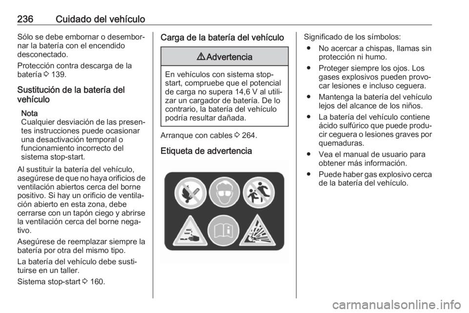 OPEL COMBO E 2019.1 Manual de Instrucciones (in Spanish) 236Cuidado del vehículoSólo se debe embornar o desembor‐
nar la batería con el encendido
desconectado.
Protección contra descarga de la
batería 3 139.
Sustitución de la batería del
vehículo OPEL COMBO E 2019.1 Manual de Instrucciones (in Spanish) 236Cuidado del vehículoSólo se debe embornar o desembor‐
nar la batería con el encendido
desconectado.
Protección contra descarga de la
batería 3 139.
Sustitución de la batería del
vehículo
