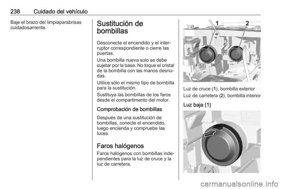 OPEL COMBO E 2019.1 Manual de Instrucciones (in Spanish) 238Cuidado del vehículoBaje el brazo del limpiaparabrisas
cuidadosamente.Sustitución de
bombillas
Desconecte el encendido y el inter‐
ruptor correspondiente o cierre las
puertas.
Una bombilla nuev OPEL COMBO E 2019.1 Manual de Instrucciones (in Spanish) 238Cuidado del vehículoBaje el brazo del limpiaparabrisas
cuidadosamente.Sustitución de
bombillas
Desconecte el encendido y el inter‐
ruptor correspondiente o cierre las
puertas.
Una bombilla nuev