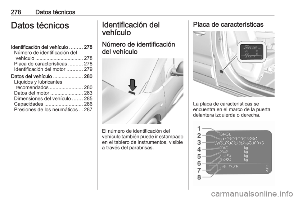 OPEL COMBO E 2019.1 Manual de Instrucciones (in Spanish) 278Datos técnicosDatos técnicosIdentificación del vehículo.........278
Número de identificación del vehículo .................................. 278
Placa de características ..........278
Ident OPEL COMBO E 2019.1 Manual de Instrucciones (in Spanish) 278Datos técnicosDatos técnicosIdentificación del vehículo.........278
Número de identificación del vehículo .................................. 278
Placa de características ..........278
Ident