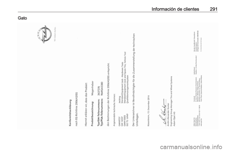 OPEL COMBO E 2019.1 Manual de Instrucciones (in Spanish) Información de clientes291Gato OPEL COMBO E 2019.1 Manual de Instrucciones (in Spanish) Información de clientes291Gato