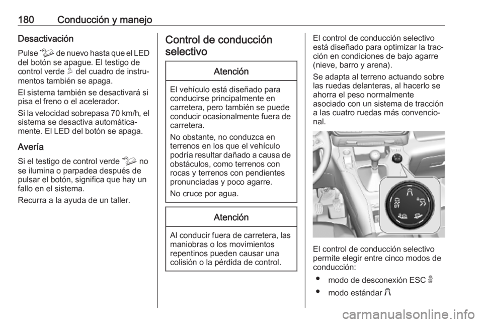 OPEL COMBO E 2019.75 Manual de Instrucciones (in Spanish) 180Conducción y manejoDesactivaciónPulse ò de nuevo hasta que el LED
del botón se apague. El testigo de
control verde u del cuadro de instru‐
mentos también se apaga.
El sistema también se d OPEL COMBO E 2019.75 Manual de Instrucciones (in Spanish) 180Conducción y manejoDesactivaciónPulse ò de nuevo hasta que el LED
del botón se apague. El testigo de
control verde u del cuadro de instru‐
mentos también se apaga.
El sistema también se d