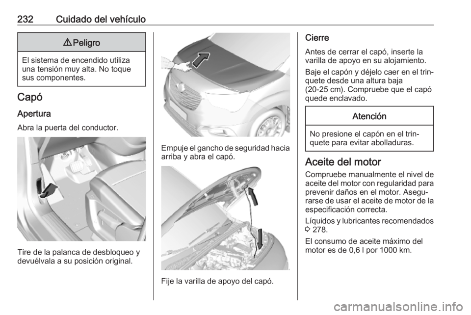 OPEL COMBO E 2019.75 Manual de Instrucciones (in Spanish) 232Cuidado del vehículo9Peligro
El sistema de encendido utiliza
una tensión muy alta. No toque
sus componentes.
Capó
Apertura
Abra la puerta del conductor.
Tire de la palanca de desbloqueo y
devué OPEL COMBO E 2019.75 Manual de Instrucciones (in Spanish) 232Cuidado del vehículo9Peligro
El sistema de encendido utiliza
una tensión muy alta. No toque
sus componentes.
Capó
Apertura
Abra la puerta del conductor.
Tire de la palanca de desbloqueo y
devué