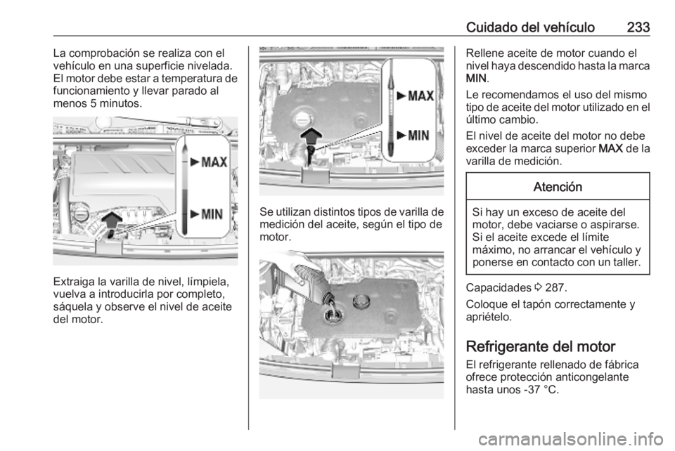 OPEL COMBO E 2019.75 Manual de Instrucciones (in Spanish) Cuidado del vehículo233La comprobación se realiza con el
vehículo en una superficie nivelada.
El motor debe estar a temperatura de
funcionamiento y llevar parado al
menos 5 minutos.
Extraiga la var OPEL COMBO E 2019.75 Manual de Instrucciones (in Spanish) Cuidado del vehículo233La comprobación se realiza con el
vehículo en una superficie nivelada.
El motor debe estar a temperatura de
funcionamiento y llevar parado al
menos 5 minutos.
Extraiga la var