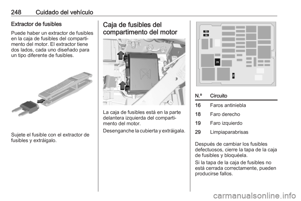 OPEL COMBO E 2019.75  Manual de Instrucciones (in Spanish) 248Cuidado del vehículoExtractor de fusiblesPuede haber un extractor de fusibles
en la caja de fusibles del comparti‐
mento del motor. El extractor tiene
dos lados, cada uno diseñado para
un tipo 