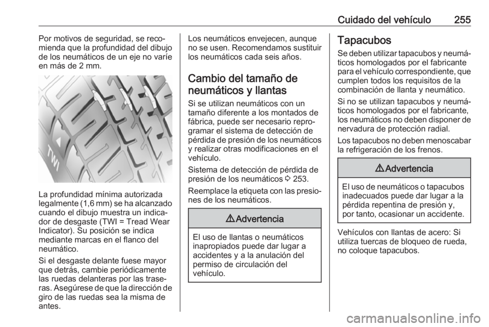 OPEL COMBO E 2019.75 Manual de Instrucciones (in Spanish) Cuidado del vehículo255Por motivos de seguridad, se reco‐
mienda que la profundidad del dibujo
de los neumáticos de un eje no varíe en más de 2 mm.
La profundidad mínima autorizada
legalmente ( OPEL COMBO E 2019.75 Manual de Instrucciones (in Spanish) Cuidado del vehículo255Por motivos de seguridad, se reco‐
mienda que la profundidad del dibujo
de los neumáticos de un eje no varíe en más de 2 mm.
La profundidad mínima autorizada
legalmente (