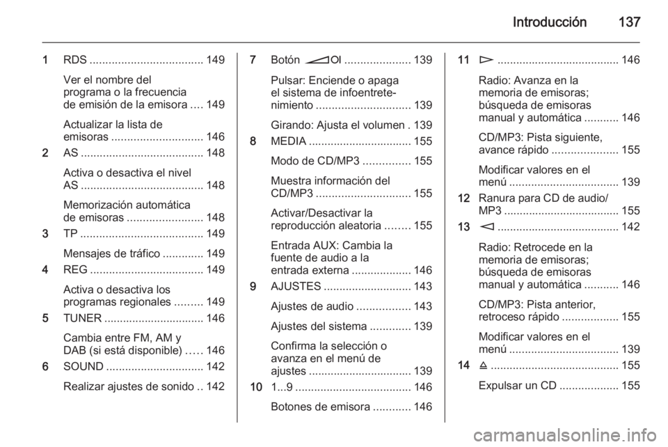 OPEL CORSA 2014.5 Manual de Instrucciones (in Spanish) Introducción137
1RDS .................................... 149
Ver el nombre del
programa o la frecuencia
de emisión de la emisora ....149
Actualizar la lista de
emisoras ............................ OPEL CORSA 2014.5 Manual de Instrucciones (in Spanish) Introducción137
1RDS .................................... 149
Ver el nombre del
programa o la frecuencia
de emisión de la emisora ....149
Actualizar la lista de
emisoras ............................