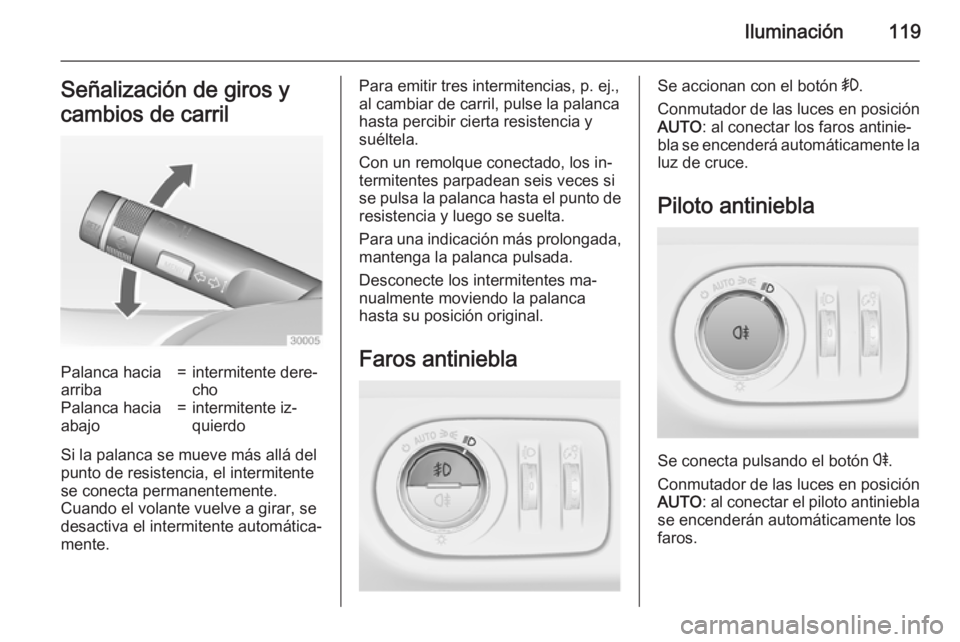 OPEL CORSA 2015 Manual de Instrucciones (in Spanish) Iluminación119Señalización de giros y
cambios de carrilPalanca hacia
arriba=intermitente dere‐
choPalanca hacia
abajo=intermitente iz‐
quierdo
Si la palanca se mueve más allá del
punto de res OPEL CORSA 2015 Manual de Instrucciones (in Spanish) Iluminación119Señalización de giros y
cambios de carrilPalanca hacia
arriba=intermitente dere‐
choPalanca hacia
abajo=intermitente iz‐
quierdo
Si la palanca se mueve más allá del
punto de res