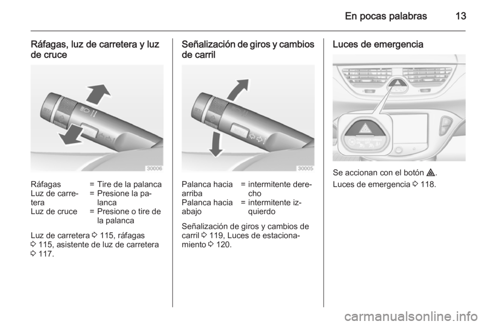 OPEL CORSA 2015  Manual de Instrucciones (in Spanish) En pocas palabras13
Ráfagas, luz de carretera y luz
de cruceRáfagas=Tire de la palancaLuz de carre‐
tera=Presione la pa‐
lancaLuz de cruce=Presione o tire de
la palanca
Luz de carretera  3 115, 