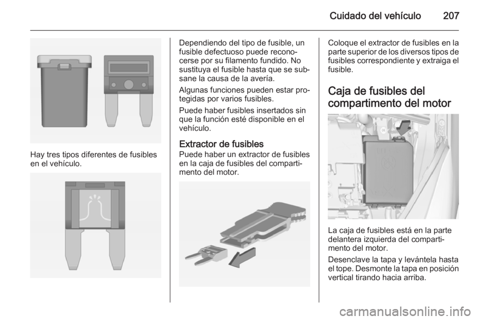 OPEL CORSA 2015 Manual de Instrucciones (in Spanish) Cuidado del vehículo207
Hay tres tipos diferentes de fusibles
en el vehículo.
Dependiendo del tipo de fusible, un
fusible defectuoso puede recono‐
cerse por su filamento fundido. No sustituya el f OPEL CORSA 2015 Manual de Instrucciones (in Spanish) Cuidado del vehículo207
Hay tres tipos diferentes de fusibles
en el vehículo.
Dependiendo del tipo de fusible, un
fusible defectuoso puede recono‐
cerse por su filamento fundido. No sustituya el f
