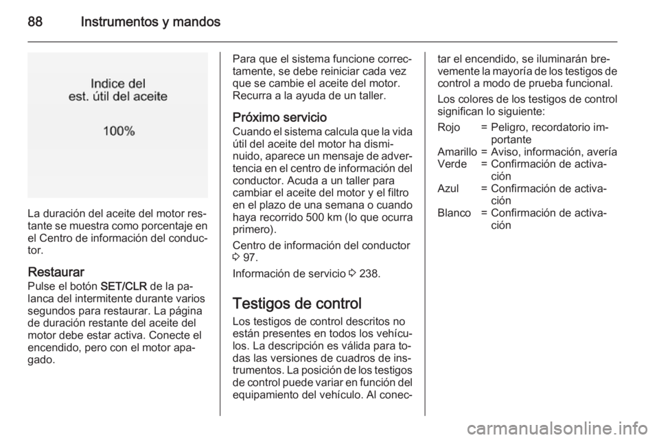 OPEL CORSA 2015.5  Manual de Instrucciones (in Spanish) 88Instrumentos y mandos
La duración del aceite del motor res‐
tante se muestra como porcentaje en
el Centro de información del conduc‐
tor.
Restaurar
Pulse el botón  SET/CLR de la pa‐
lanca d
