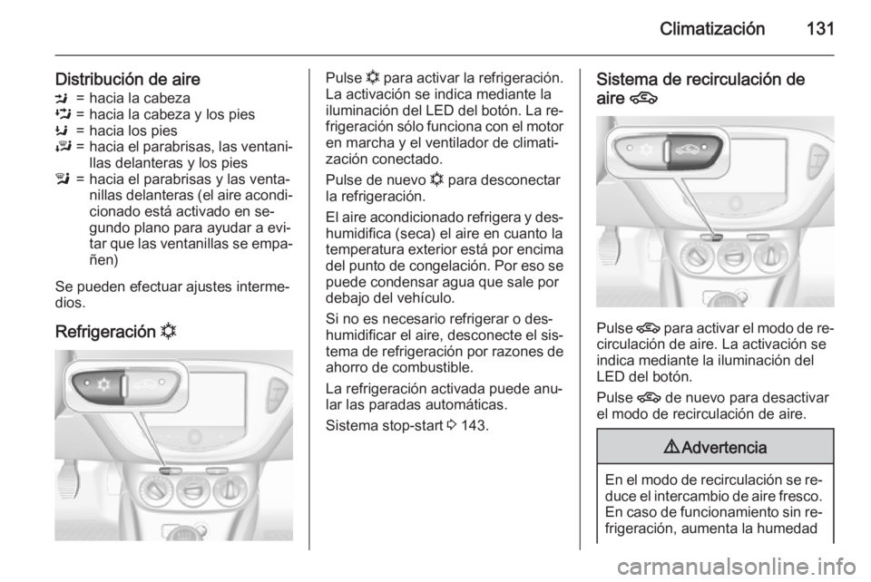 OPEL CORSA 2015.75 Manual de Instrucciones (in Spanish) Climatización131
Distribución de aireM=hacia la cabezaL=hacia la cabeza y los piesK=hacia los piesJ=hacia el parabrisas, las ventani‐llas delanteras y los piesl=hacia el parabrisas y las venta‐
OPEL CORSA 2015.75 Manual de Instrucciones (in Spanish) Climatización131
Distribución de aireM=hacia la cabezaL=hacia la cabeza y los piesK=hacia los piesJ=hacia el parabrisas, las ventani‐llas delanteras y los piesl=hacia el parabrisas y las venta‐