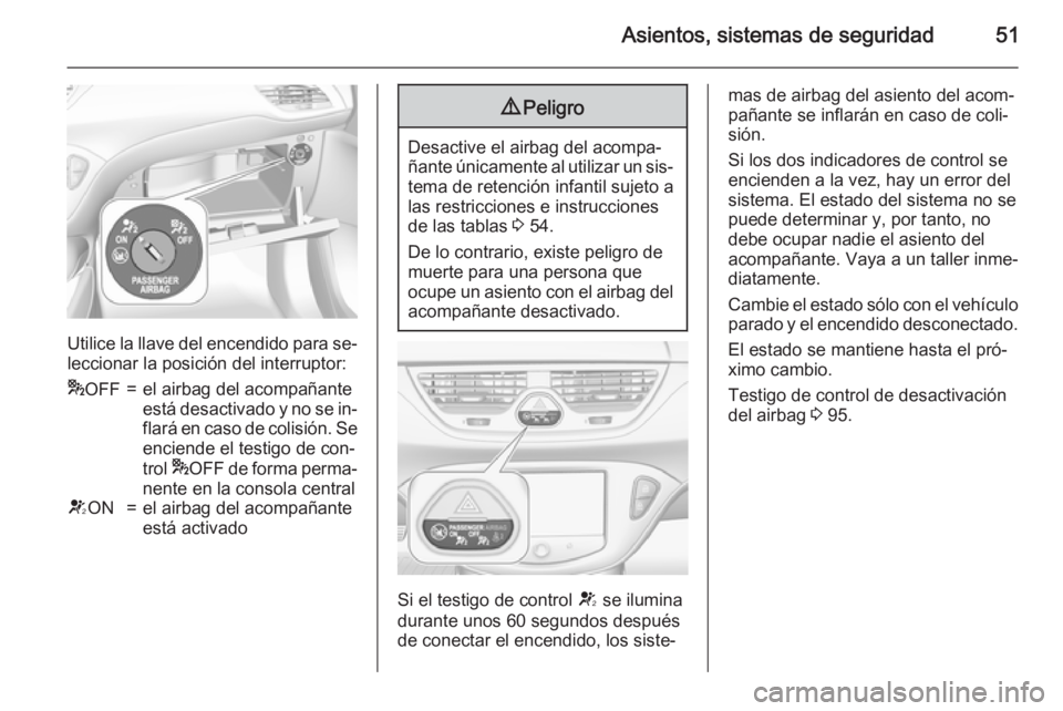 OPEL CORSA 2015.75  Manual de Instrucciones (in Spanish) Asientos, sistemas de seguridad51
Utilice la llave del encendido para se‐
leccionar la posición del interruptor:
* OFF=el airbag del acompañante
está desactivado y no se in‐
flará en caso de c