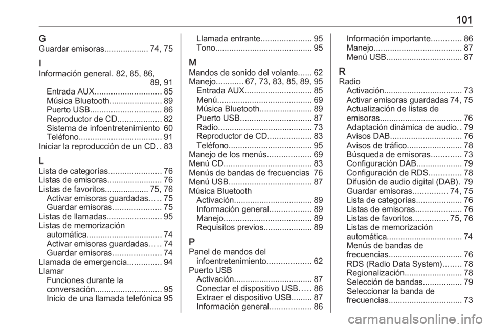 OPEL CORSA 2016  Manual de infoentretenimiento (in Spanish) 101GGuardar emisoras ...................74, 75
I
Información general. 82, 85, 86, 89, 91
Entrada AUX ............................. 85
Música Bluetooth....................... 89
Puerto USB ..........