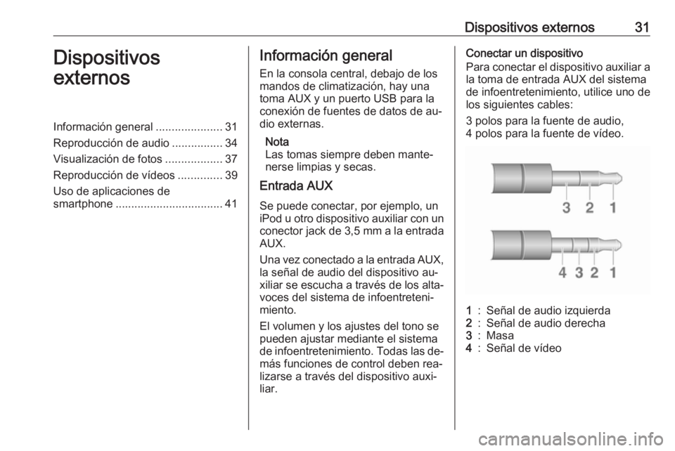 OPEL CORSA 2016  Manual de infoentretenimiento (in Spanish) Dispositivos externos31Dispositivos
externosInformación general .....................31
Reproducción de audio ................34
Visualización de fotos ..................37
Reproducción de vídeos