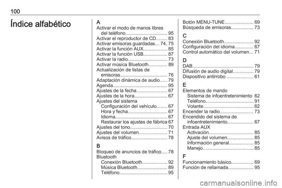 OPEL CORSA 2016  Manual de infoentretenimiento (in Spanish) 100Índice alfabéticoAActivar el modo de manos libres del teléfono ............................... 95
Activar el reproductor de CD ........83
Activar emisoras guardadas ...74, 75
Activar la función