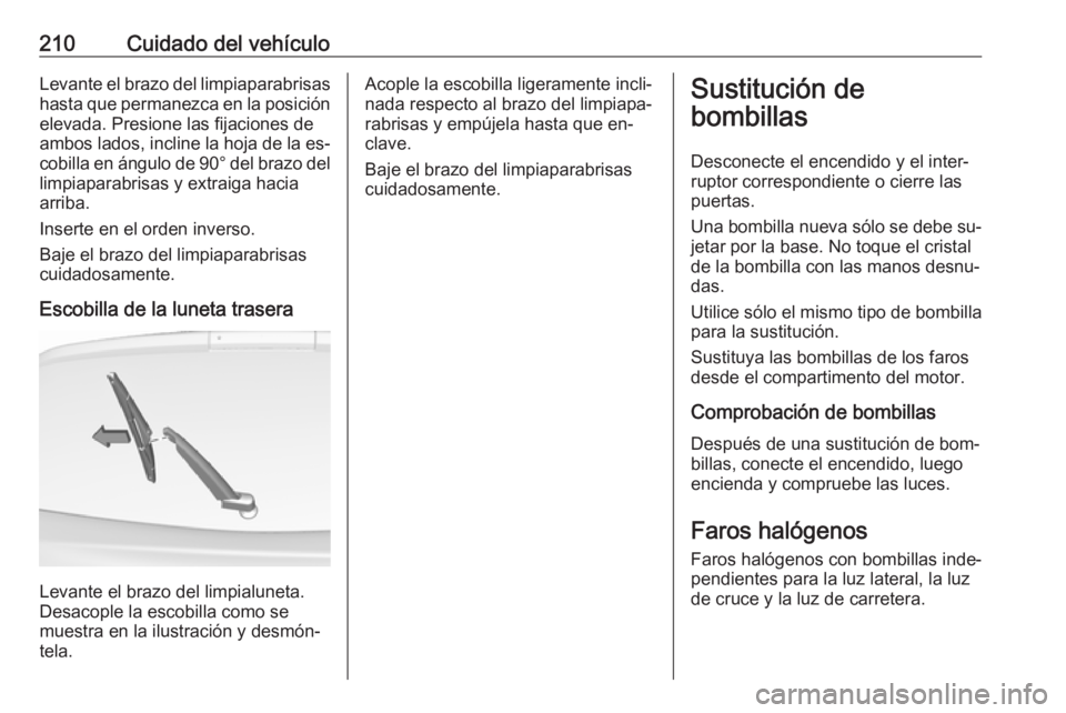 OPEL CORSA 2016  Manual de Instrucciones (in Spanish) 210Cuidado del vehículoLevante el brazo del limpiaparabrisas
hasta que permanezca en la posición
elevada. Presione las fijaciones de
ambos lados, incline la hoja de la es‐ cobilla en ángulo de  9