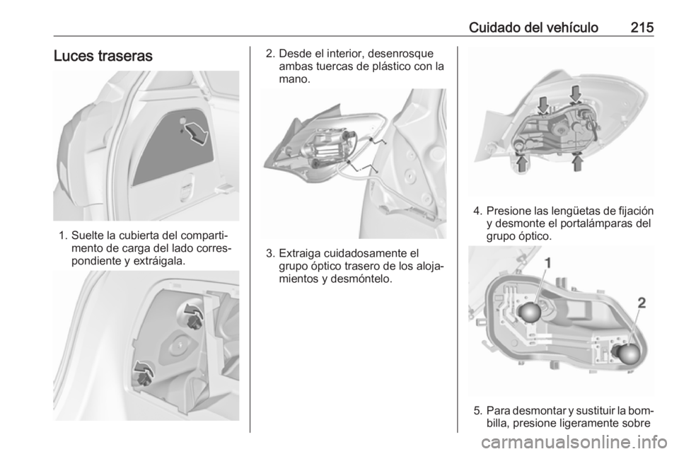 OPEL CORSA 2016  Manual de Instrucciones (in Spanish) Cuidado del vehículo215Luces traseras
1. Suelte la cubierta del comparti‐mento de carga del lado corres‐
pondiente y extráigala.
2. Desde el interior, desenrosque ambas tuercas de plástico con 