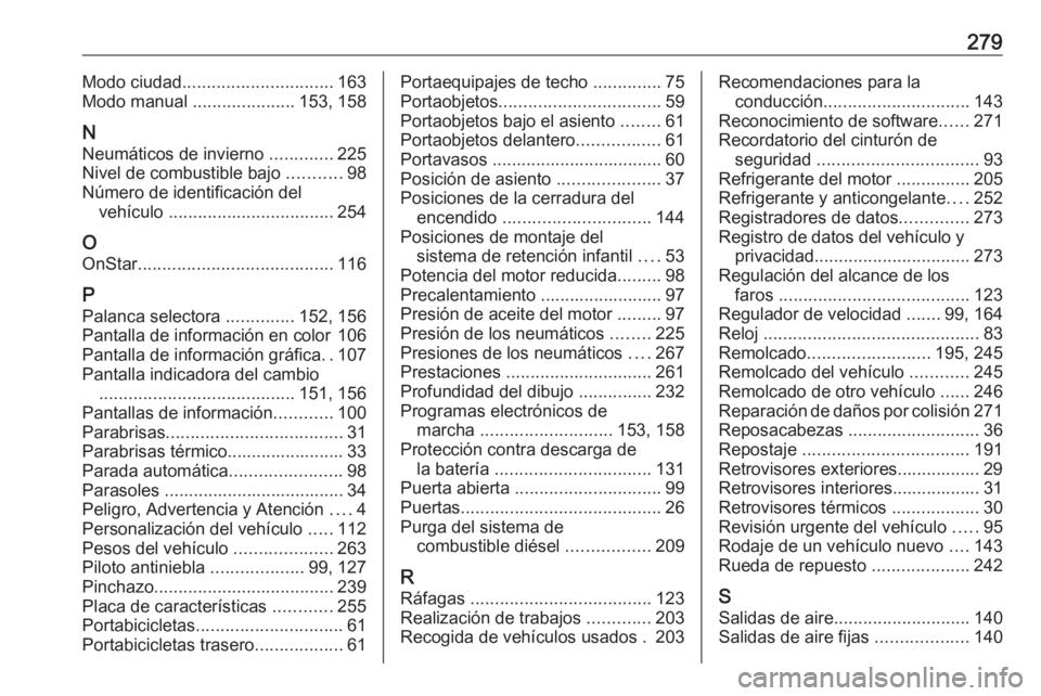 OPEL CORSA 2016  Manual de Instrucciones (in Spanish) 279Modo ciudad............................... 163
Modo manual  .....................153, 158
N Neumáticos de invierno  .............225
Nivel de combustible bajo  ...........98
Número de identificac