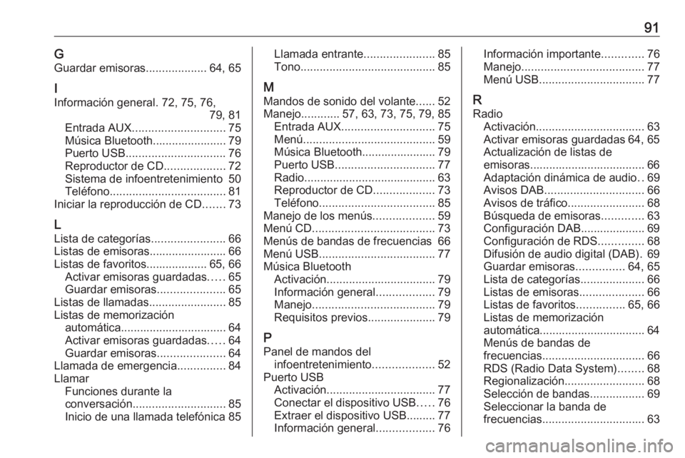 OPEL CORSA 2016.5  Manual de infoentretenimiento (in Spanish) 91GGuardar emisoras ...................64, 65
I
Información general. 72, 75, 76, 79, 81
Entrada AUX ............................. 75
Música Bluetooth....................... 79
Puerto USB ...........