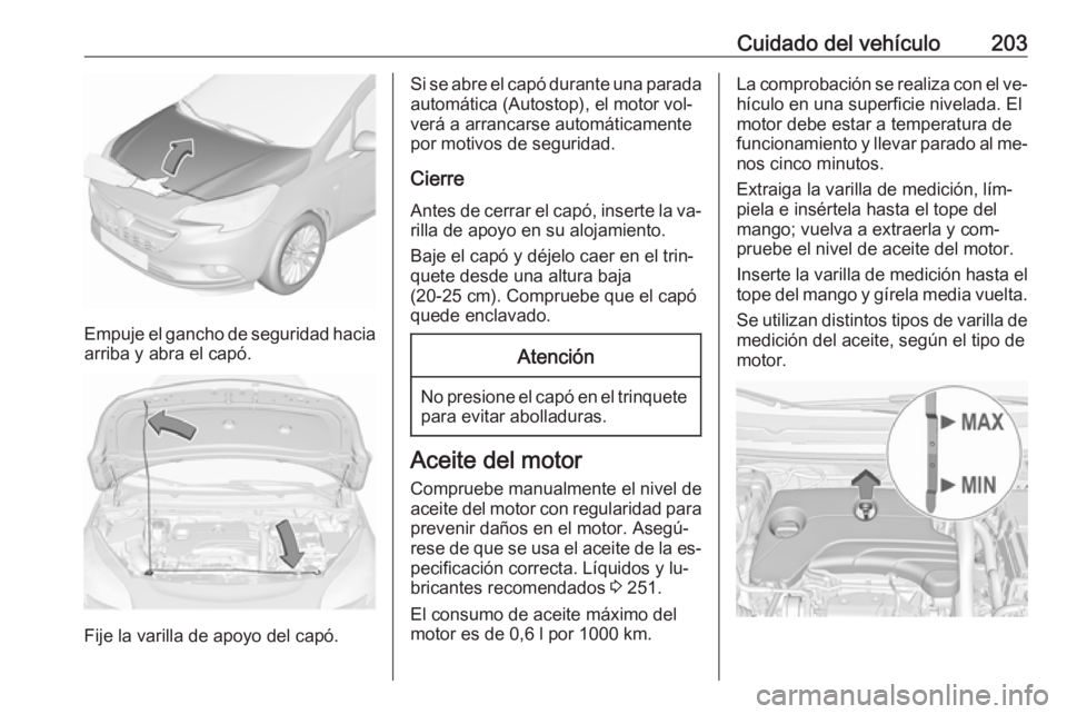 OPEL CORSA 2016.5  Manual de Instrucciones (in Spanish) Cuidado del vehículo203
Empuje el gancho de seguridad haciaarriba y abra el capó.
Fije la varilla de apoyo del capó.
Si se abre el capó durante una parada
automática (Autostop), el motor vol‐
v