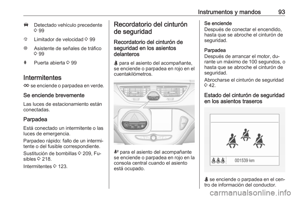 OPEL CORSA 2016.5 Manual de Instrucciones (in Spanish) Instrumentos y mandos93ADetectado vehículo precedente
3 99LLimitador de velocidad 3 99LAsistente de señales de tráfico
3 99hPuerta abierta 3 99
Intermitentes
O se enciende o parpadea en verde. OPEL CORSA 2016.5 Manual de Instrucciones (in Spanish) Instrumentos y mandos93ADetectado vehículo precedente
3 99LLimitador de velocidad 3 99LAsistente de señales de tráfico
3 99hPuerta abierta 3 99
Intermitentes
O se enciende o parpadea en verde.