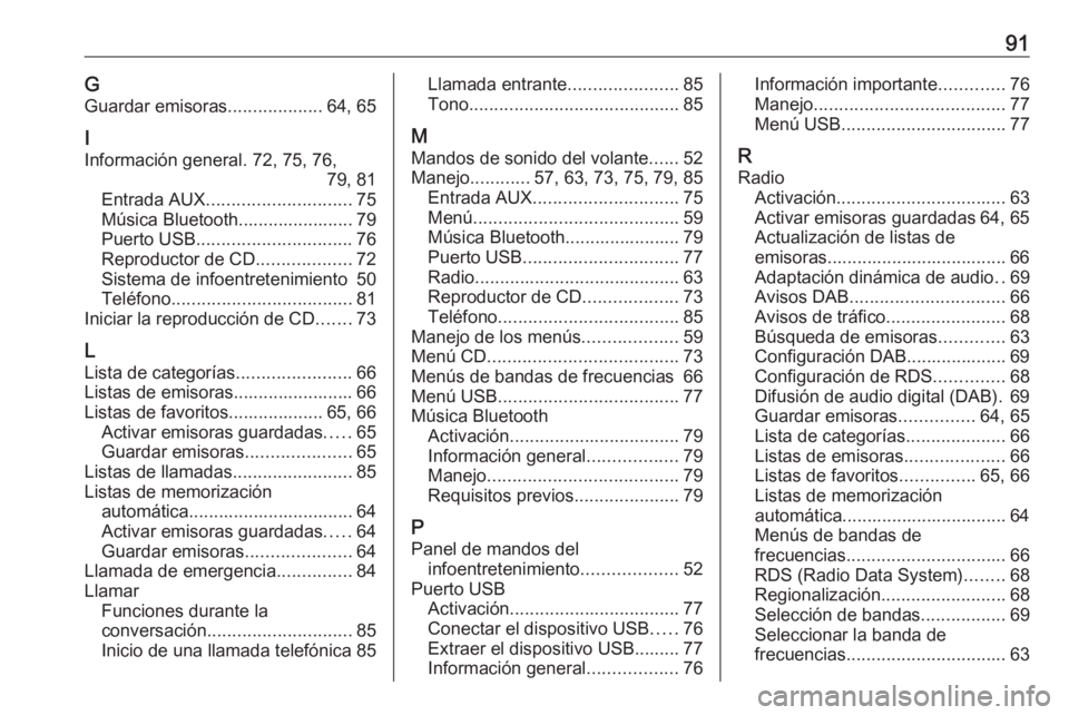 OPEL CORSA 2017 Manual de infoentretenimiento (in Spanish) 91GGuardar emisoras ...................64, 65
I
Información general. 72, 75, 76, 79, 81
Entrada AUX ............................. 75
Música Bluetooth....................... 79
Puerto USB ........... OPEL CORSA 2017 Manual de infoentretenimiento (in Spanish) 91GGuardar emisoras ...................64, 65
I
Información general. 72, 75, 76, 79, 81
Entrada AUX ............................. 75
Música Bluetooth....................... 79
Puerto USB ...........