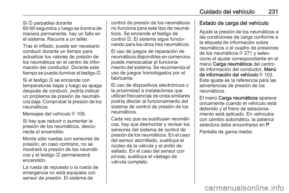 OPEL CORSA 2017 Manual de Instrucciones (in Spanish) Cuidado del vehículo231Si w parpadea durante
60-90 segundos y luego se ilumina de
manera permanente, hay un fallo en
el sistema. Recurra a un taller.
Tras el inflado, puede ser necesario
conducir dur OPEL CORSA 2017 Manual de Instrucciones (in Spanish) Cuidado del vehículo231Si w parpadea durante
60-90 segundos y luego se ilumina de
manera permanente, hay un fallo en
el sistema. Recurra a un taller.
Tras el inflado, puede ser necesario
conducir dur