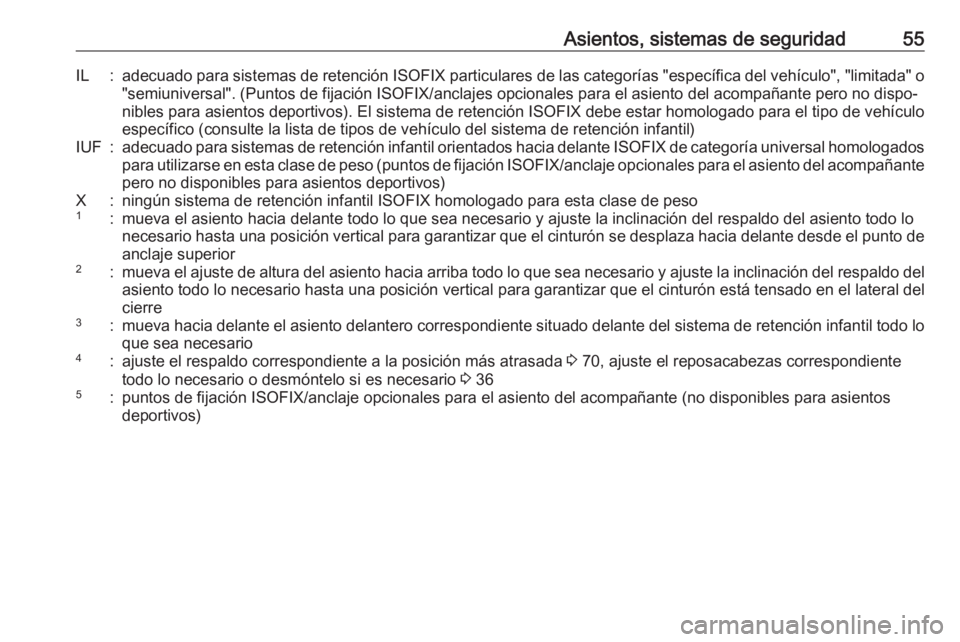 OPEL CORSA 2017 Manual de Instrucciones (in Spanish) Asientos, sistemas de seguridad55IL:adecuado para sistemas de retención ISOFIX particulares de las categorías "específica del vehículo", "limitada" o
"semiuniversal". (Punt OPEL CORSA 2017 Manual de Instrucciones (in Spanish) Asientos, sistemas de seguridad55IL:adecuado para sistemas de retención ISOFIX particulares de las categorías "específica del vehículo", "limitada" o
"semiuniversal". (Punt