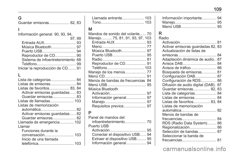 OPEL CORSA E 2017.5  Manual de infoentretenimiento (in Spanish) 109GGuardar emisoras ...................82, 83
I
Información general. 90, 93, 94, 97, 99
Entrada AUX ............................. 93
Música Bluetooth....................... 97
Puerto USB ..........