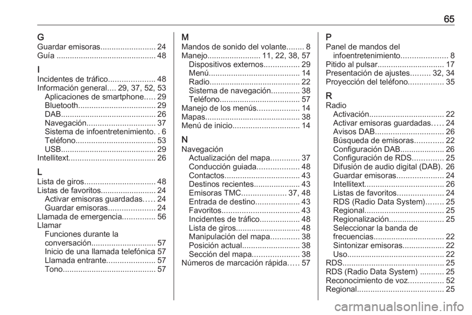 OPEL CORSA E 2017.5 Manual de infoentretenimiento (in Spanish) 65GGuardar emisoras .........................24
Guía ............................................. 48
I Incidentes de tráfico .....................48
Información general ....29, 37, 52, 53
Aplicac OPEL CORSA E 2017.5 Manual de infoentretenimiento (in Spanish) 65GGuardar emisoras .........................24
Guía ............................................. 48
I Incidentes de tráfico .....................48
Información general ....29, 37, 52, 53
Aplicac