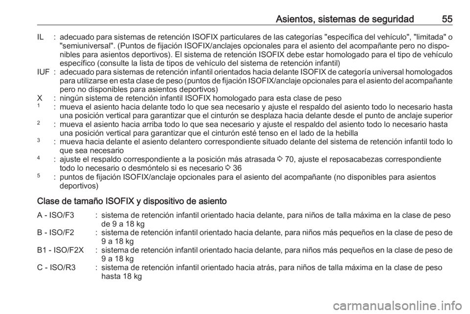 OPEL CORSA E 2017.5 Manual de Instrucciones (in Spanish) Asientos, sistemas de seguridad55IL:adecuado para sistemas de retención ISOFIX particulares de las categorías "específica del vehículo", "limitada" o
"semiuniversal". (Punt OPEL CORSA E 2017.5 Manual de Instrucciones (in Spanish) Asientos, sistemas de seguridad55IL:adecuado para sistemas de retención ISOFIX particulares de las categorías "específica del vehículo", "limitada" o
"semiuniversal". (Punt