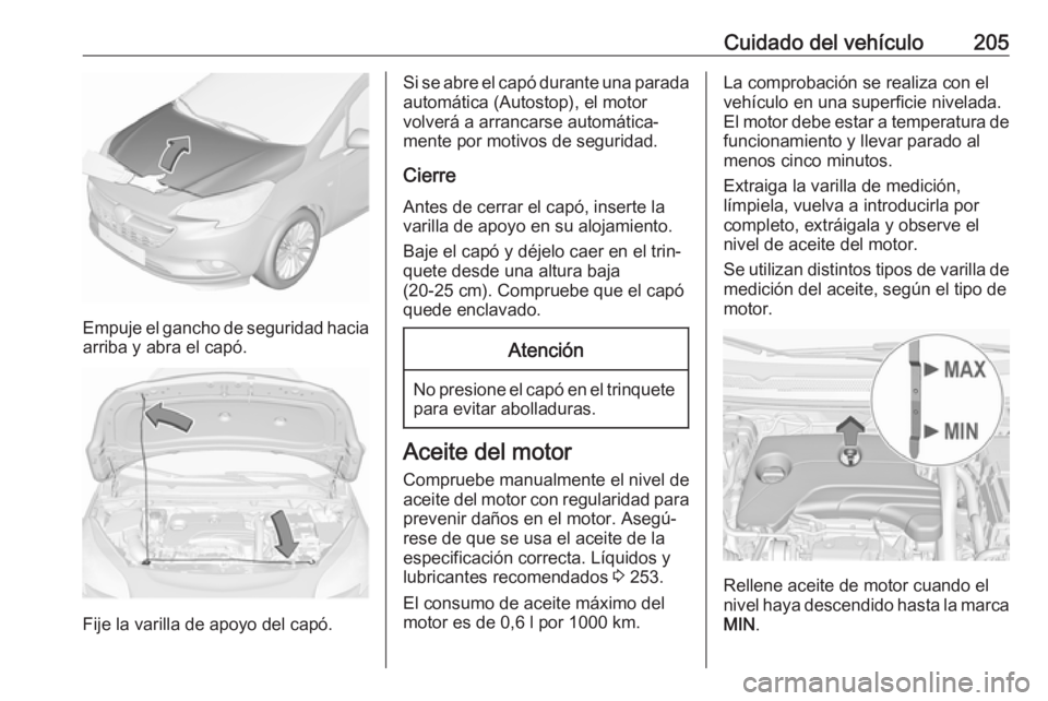 OPEL CORSA E 2018 Manual de Instrucciones (in Spanish) Cuidado del vehículo205
Empuje el gancho de seguridad haciaarriba y abra el capó.
Fije la varilla de apoyo del capó.
Si se abre el capó durante una parada
automática (Autostop), el motor
volverá OPEL CORSA E 2018 Manual de Instrucciones (in Spanish) Cuidado del vehículo205
Empuje el gancho de seguridad haciaarriba y abra el capó.
Fije la varilla de apoyo del capó.
Si se abre el capó durante una parada
automática (Autostop), el motor
volverá
