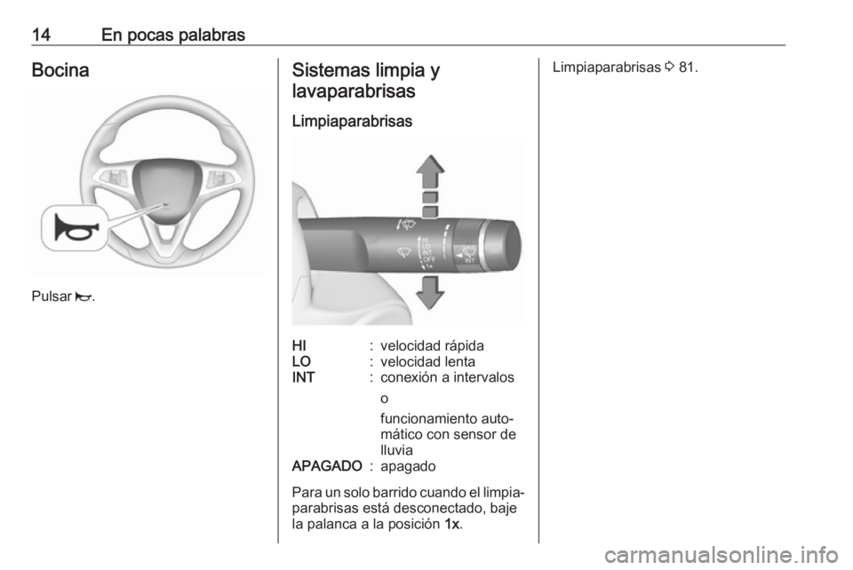 OPEL CORSA E 2018.5  Manual de Instrucciones (in Spanish) 14En pocas palabrasBocina
Pulsar j.
Sistemas limpia y
lavaparabrisas
LimpiaparabrisasHI:velocidad rápidaLO:velocidad lentaINT:conexión a intervalos
o
funcionamiento auto‐
mático con sensor de
llu