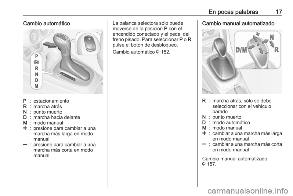 OPEL CORSA E 2018.5  Manual de Instrucciones (in Spanish) En pocas palabras17Cambio automáticoP:estacionamientoR:marcha atrásN:punto muertoD:marcha hacia delanteM:modo manual<:presione para cambiar a una
marcha más larga en modo
manual]:presione para camb