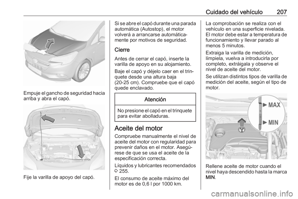 OPEL CORSA E 2018.5 Manual de Instrucciones (in Spanish) Cuidado del vehículo207
Empuje el gancho de seguridad haciaarriba y abra el capó.
Fije la varilla de apoyo del capó.
Si se abre el capó durante una parada
automática (Autostop), el motor
volverá OPEL CORSA E 2018.5 Manual de Instrucciones (in Spanish) Cuidado del vehículo207
Empuje el gancho de seguridad haciaarriba y abra el capó.
Fije la varilla de apoyo del capó.
Si se abre el capó durante una parada
automática (Autostop), el motor
volverá