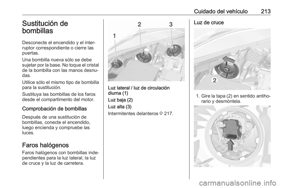 OPEL CORSA E 2018.5 Manual de Instrucciones (in Spanish) Cuidado del vehículo213Sustitución de
bombillas
Desconecte el encendido y el inter‐
ruptor correspondiente o cierre las
puertas.
Una bombilla nueva sólo se debe
sujetar por la base. No toque el c OPEL CORSA E 2018.5 Manual de Instrucciones (in Spanish) Cuidado del vehículo213Sustitución de
bombillas
Desconecte el encendido y el inter‐
ruptor correspondiente o cierre las
puertas.
Una bombilla nueva sólo se debe
sujetar por la base. No toque el c