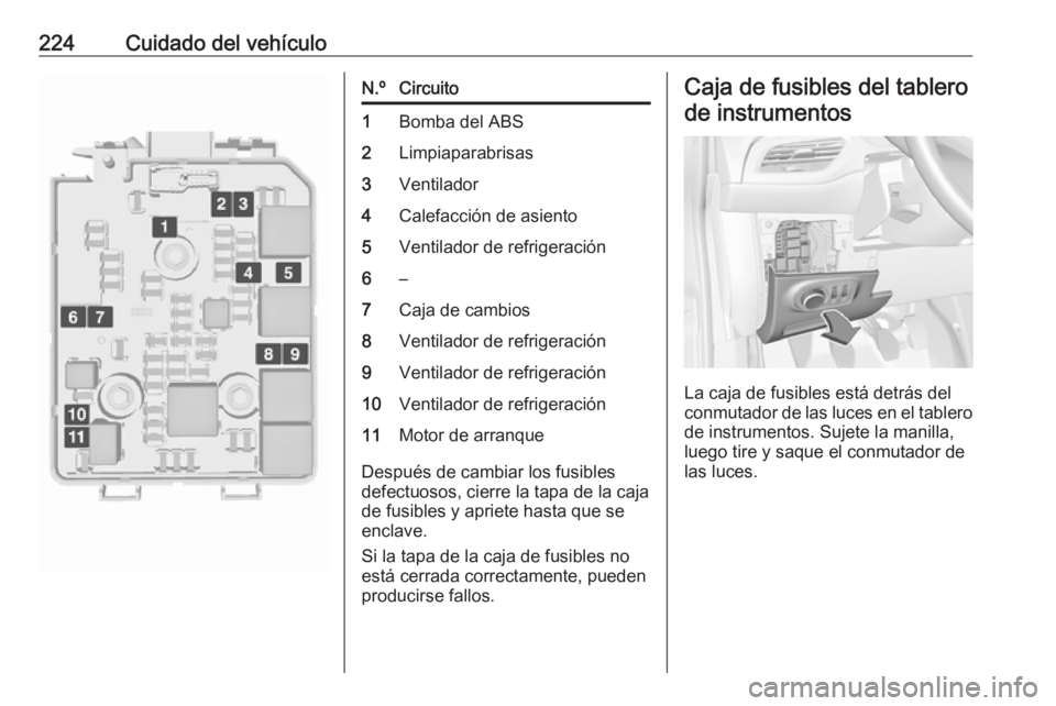 OPEL CORSA E 2018.5 Manual de Instrucciones (in Spanish) 224Cuidado del vehículoN.ºCircuito1Bomba del ABS2Limpiaparabrisas3Ventilador4Calefacción de asiento5Ventilador de refrigeración6–7Caja de cambios8Ventilador de refrigeración9Ventilador de refri OPEL CORSA E 2018.5 Manual de Instrucciones (in Spanish) 224Cuidado del vehículoN.ºCircuito1Bomba del ABS2Limpiaparabrisas3Ventilador4Calefacción de asiento5Ventilador de refrigeración6–7Caja de cambios8Ventilador de refrigeración9Ventilador de refri